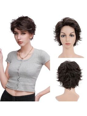 Short Layered Pixie Wig in Dark Brown - Women Hair